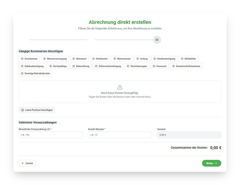 Kostenpositionen hinzufügen - Screenshot
